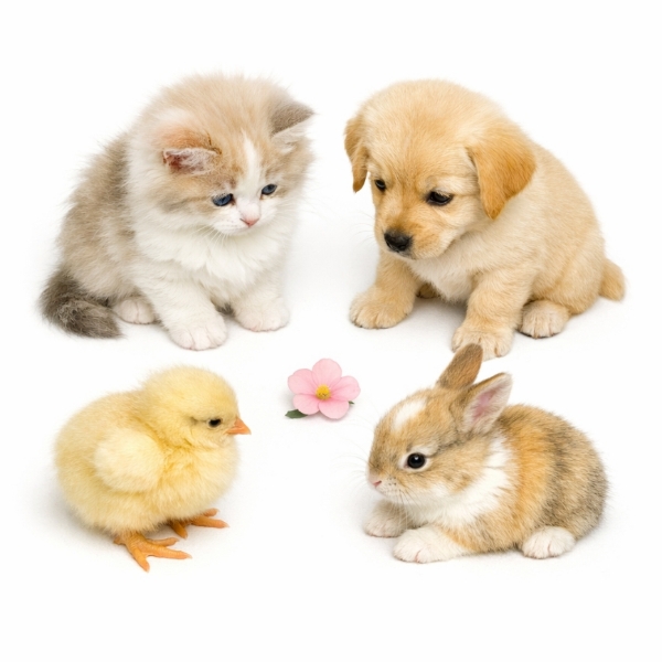 a group of baby animals watching a flower 